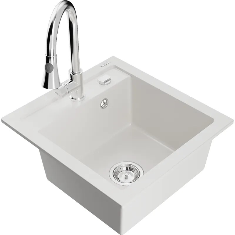 Mexen Vito, 1-komorový granitový drez 490x520x210 mm a drezová batéria Elia, biela, 6503-20-670101-00
