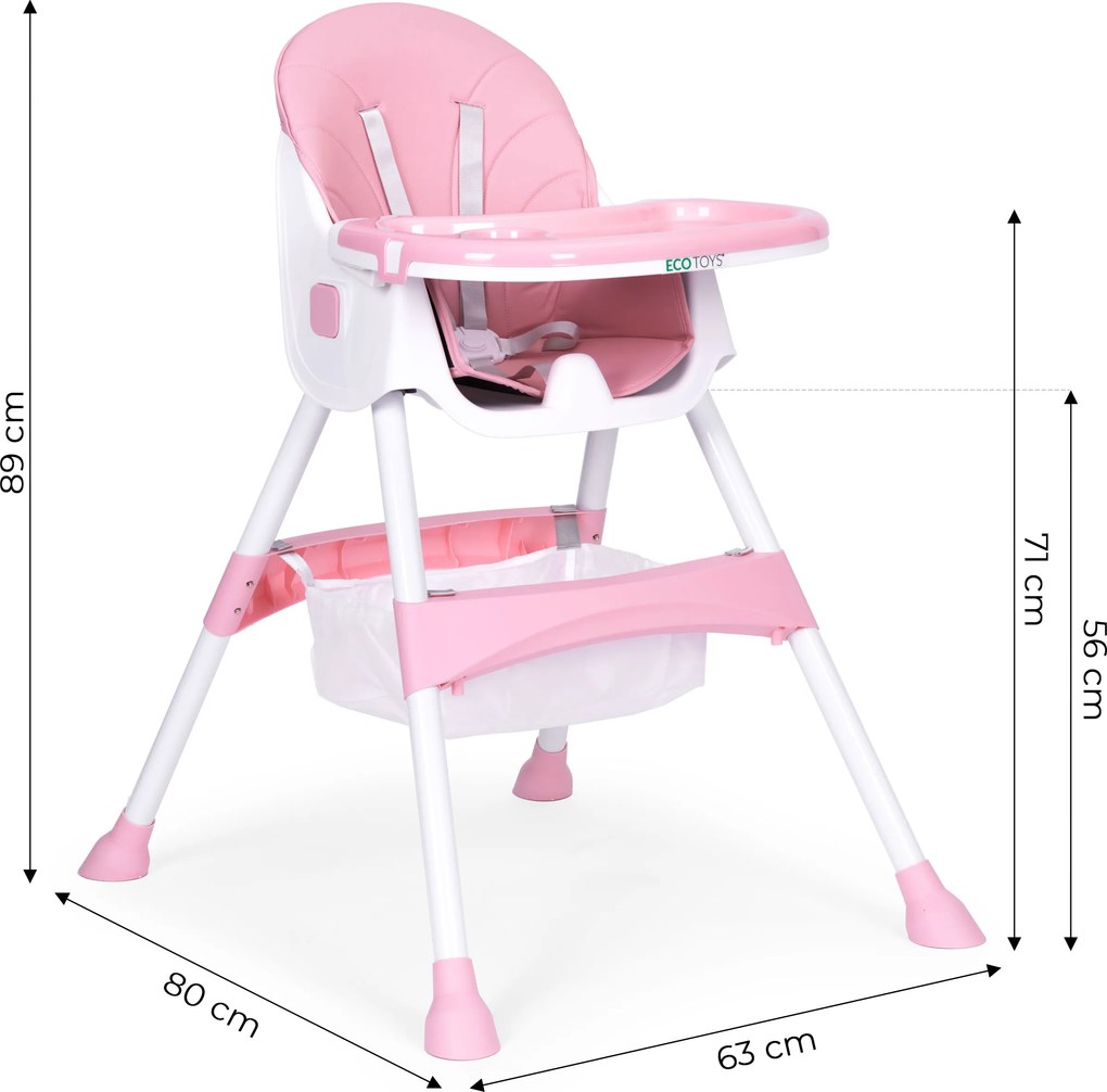 ECOTOYS jedálenské kresielko pre deti, ružové, 5-bodové