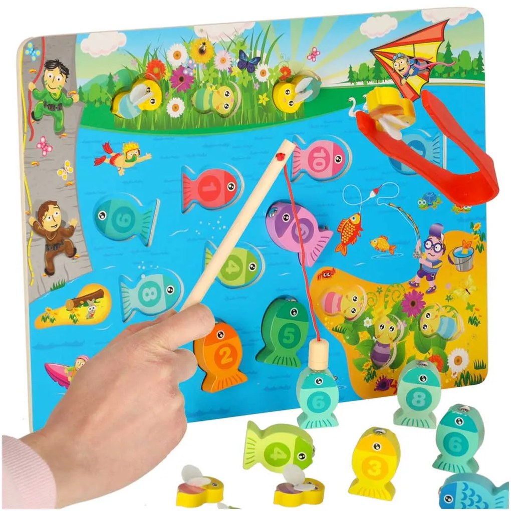 KIK Drevené Montessori puzzle 3v1 – magnetický rybolov, triedenie a počítanie