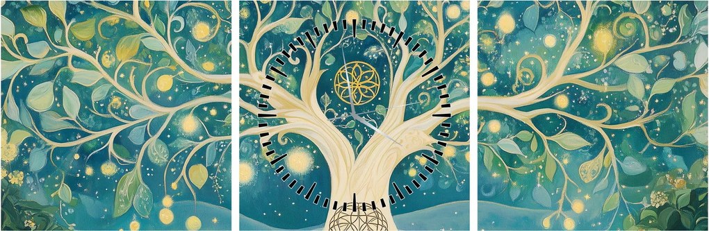 Obraz – Magický strom so špirálami (s hodinami) (90x30 cm)