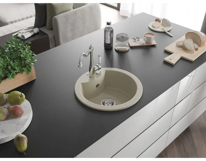 Mexen Diego, granitový drez 488x488x167 mm, 1-komorový a drezová batéria Carla, béžová, 6512-69-670700-00