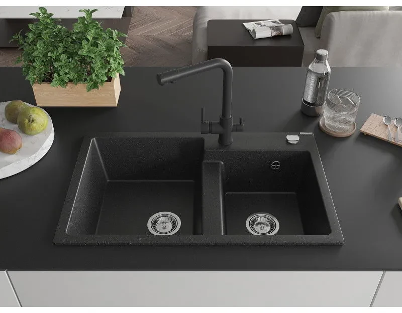 Mexen Tomas, granitový drez 800x500x190 mm, 2-komorový a čierna batéria Duero, čierna - strieborná metalíza, 6516-73-671600-70
