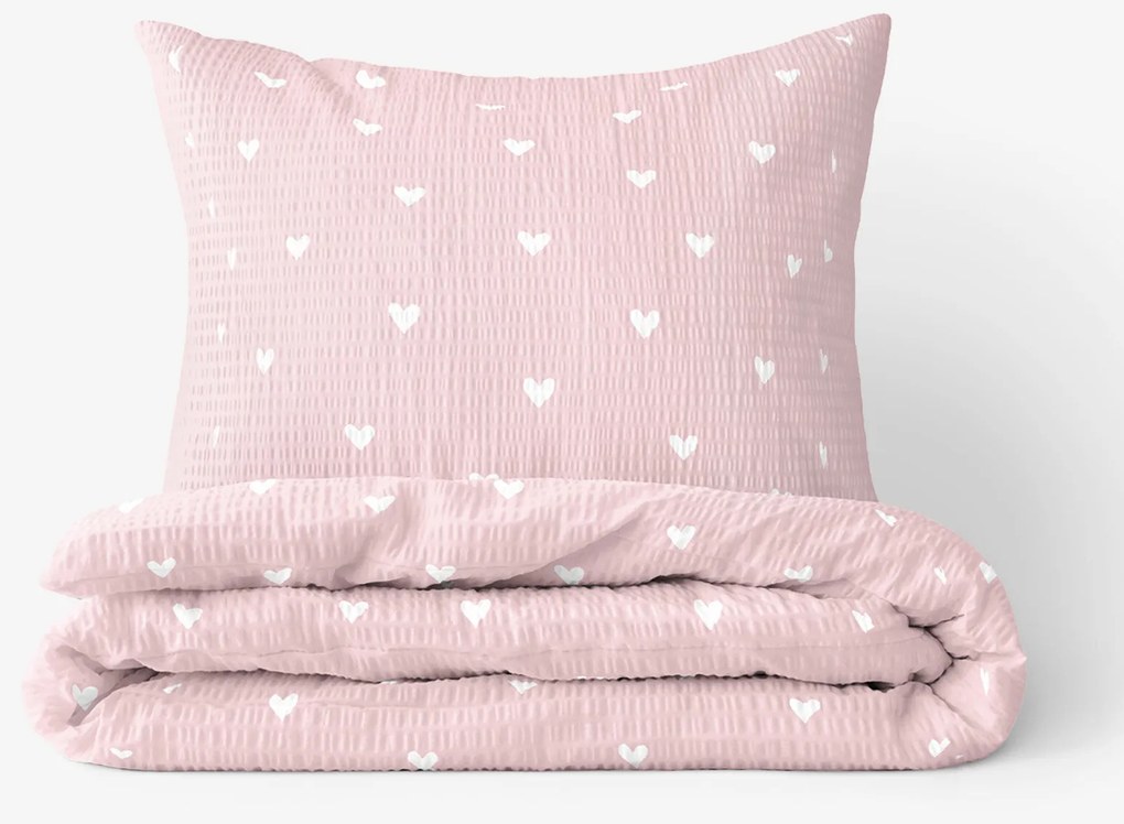 Goldea krepové posteľné obliečky - srdiečka na púdrovo ružovom 140 x 220 a 70 x 90 cm