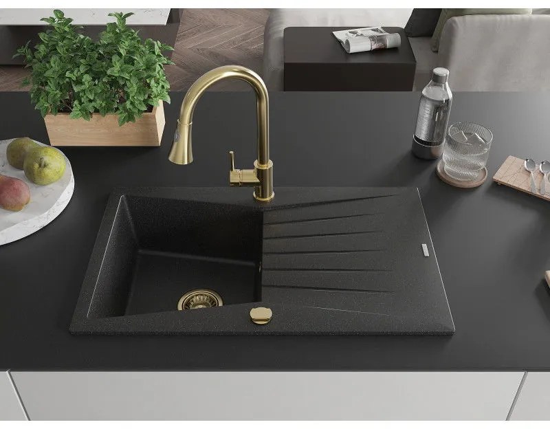 Mexen Cesar, 1-komorový granitový drez 775x470x190 mm a drezová batéria Elia, čierna-strieborná metalíza, 6514-73-670101-50