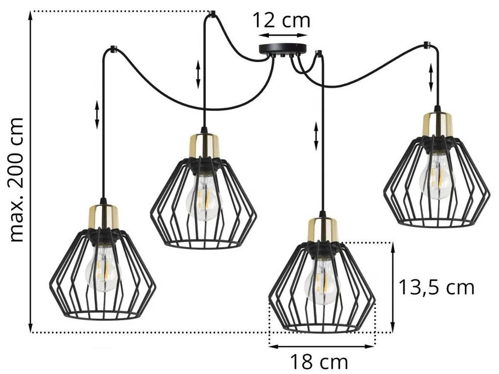 Závesné svietidlo Nuvola spider 5, 4x čierne drôtené tienidlo, g