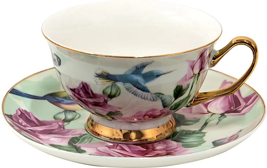 Porcelánová šálka s tanierikom s kvetmi a vtáčikmi - 12*10*6 cm / Ø 15*2 cm / 200 ml