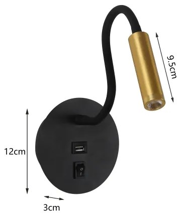 Brilagi -LED Flexibilná nástenná lampa s USB portom MAYA LED/3W/230V čierna/zlatá