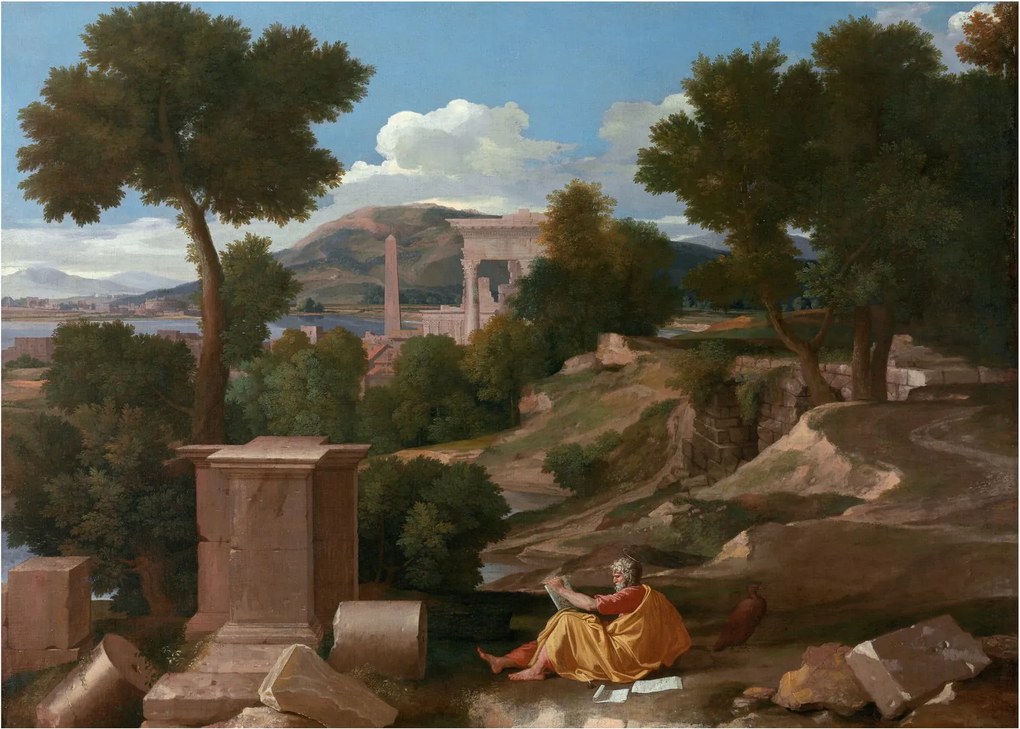 Sklenený obraz - Nicolas Poussin, Landscape with Saint John on Patmos, reprodukcia (70x50 cm)