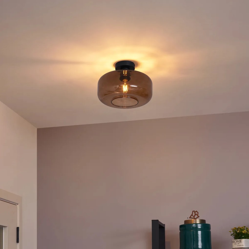 Retro stropné svietidlo čierne s bronzovým sklom - Bizle
