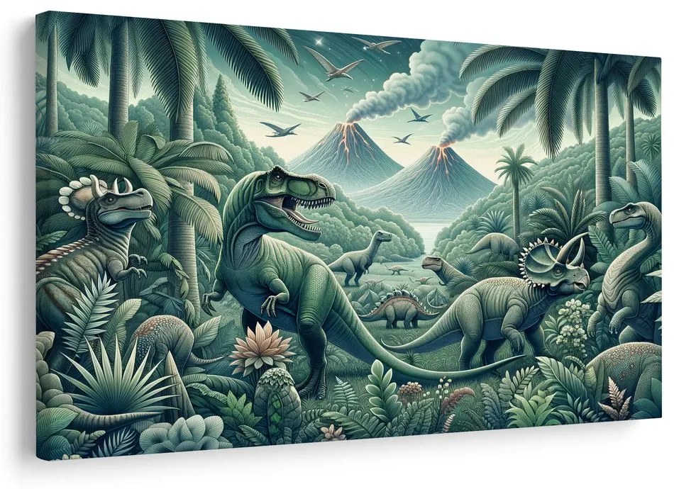Obraz dinosaury v pralesnej krajine so sopkami