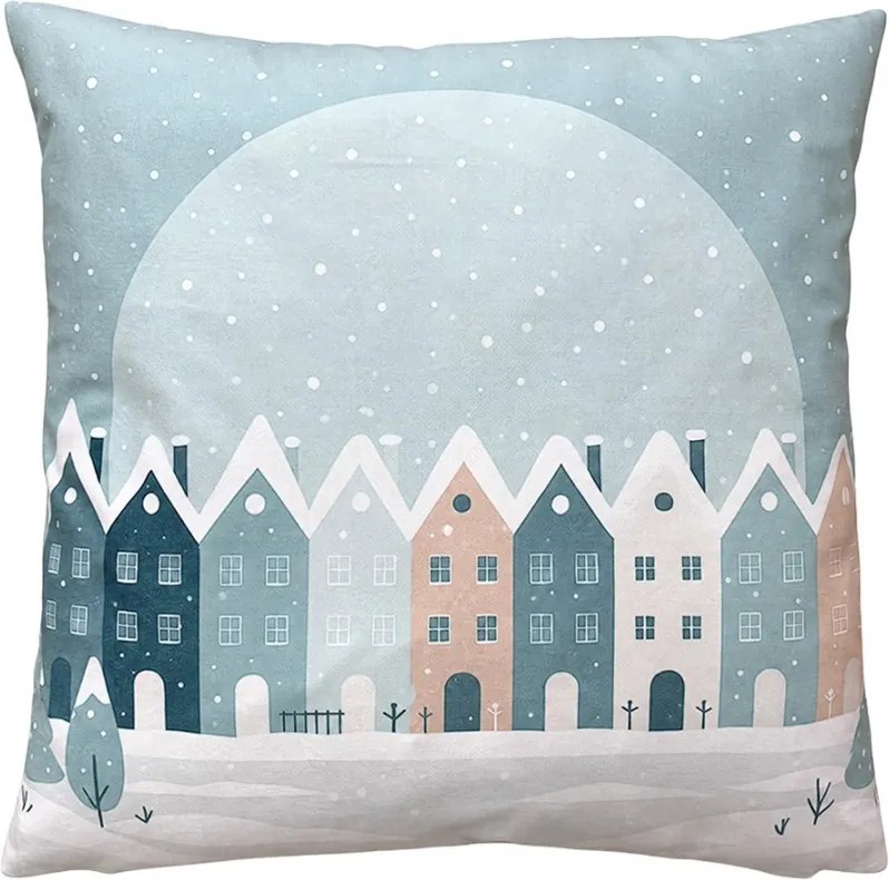 Modrý vankúš so zasneženými domčekmi - 45*45*4 cm
