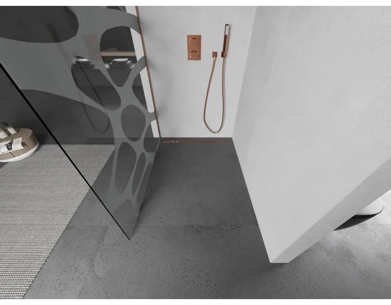 Mexen Kioto L, sprchová zástena Walk-In 110 x 200 cm, 8mm číre sklo biely vzor, medený matný profil, 800-110-103-65-85