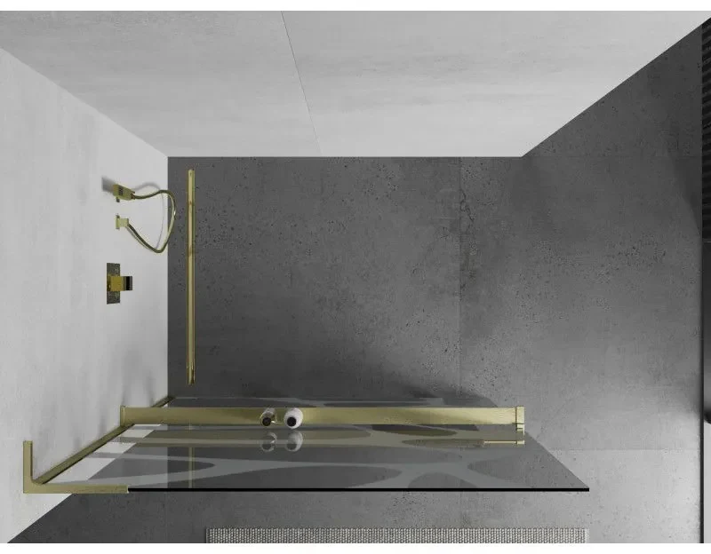 Mexen Kioto+ L, sprchová zástena Walk-In s poličkou a vešiakom 80 x 200 cm, 8mm číre sklo biely vzor, zlatý matný profil, 800-080-123-55-97