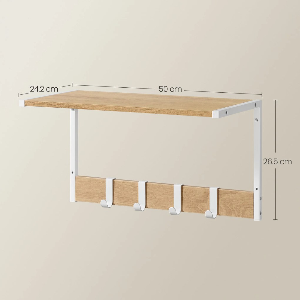 Nástenné plávajúce poličky 2 ks, s háčikmi, 50 x 24,2 x 26,5 cm, dub a biela