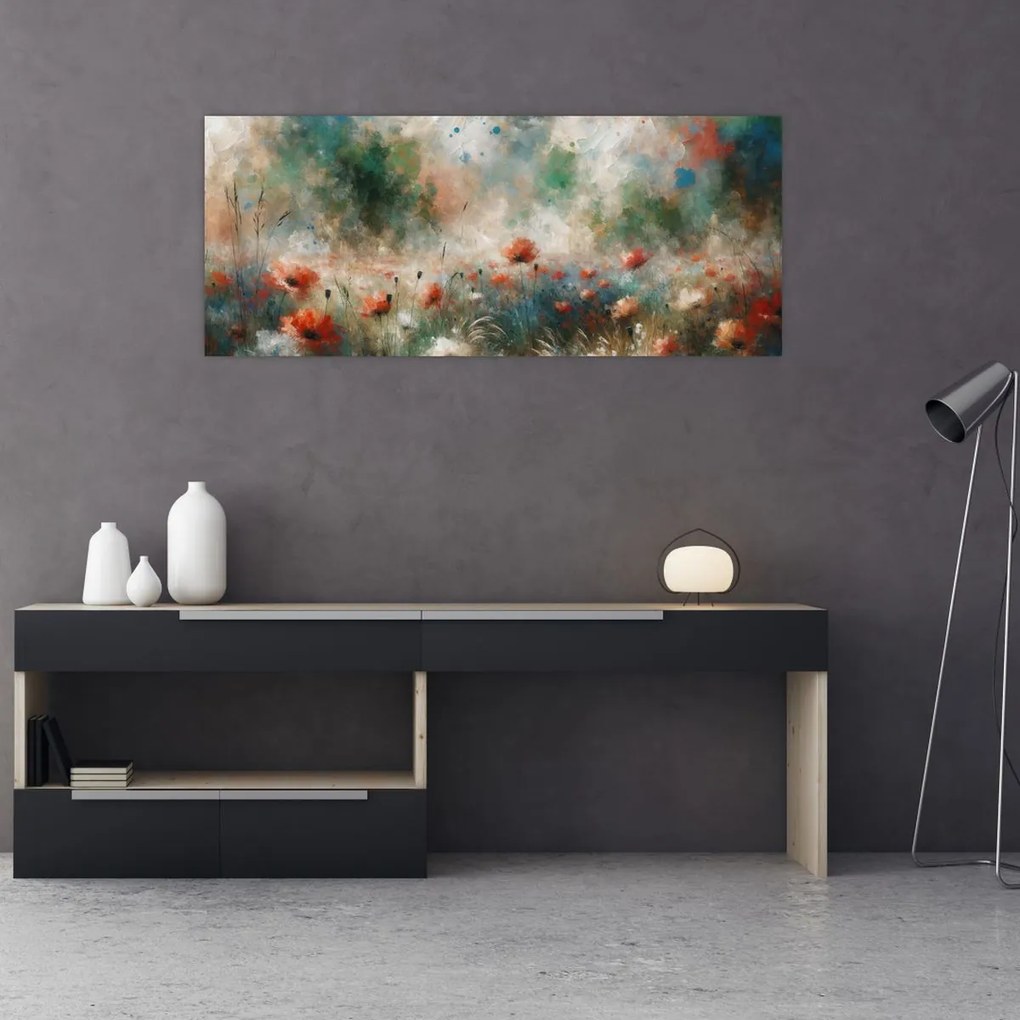 Obraz – Abstrakcia poľa s makmi (120x50 cm)