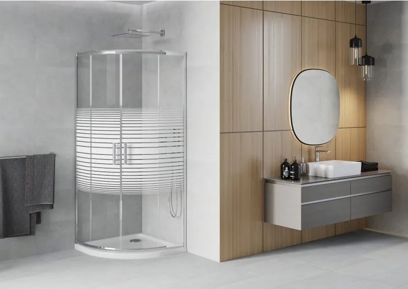 Mexen Rio sprchová kabína polkruhová 90 x 90 cm, biele pruhy, chróm + vanička Flat, biela - 863-090-090-01-20-4110