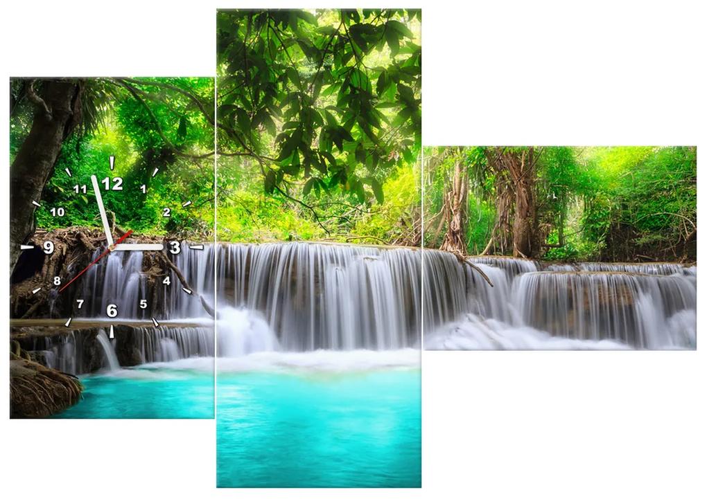Gario Obraz s hodinami Nádherný vodopád v Thajsku - 3 dielny Rozmery: 90 x 30 cm