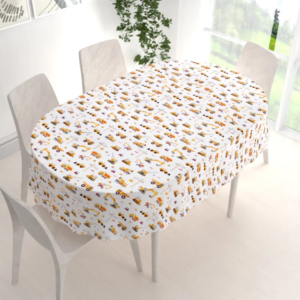Biante Detský bavlnený oválny obrus Sandra SA-081 Nákladné autá a bágre na bielom 120x140 cm
