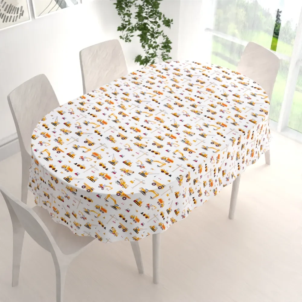 Biante Detský bavlnený oválny obrus Sandra SA-081 Nákladné autá a bágre na bielom 120x140 cm