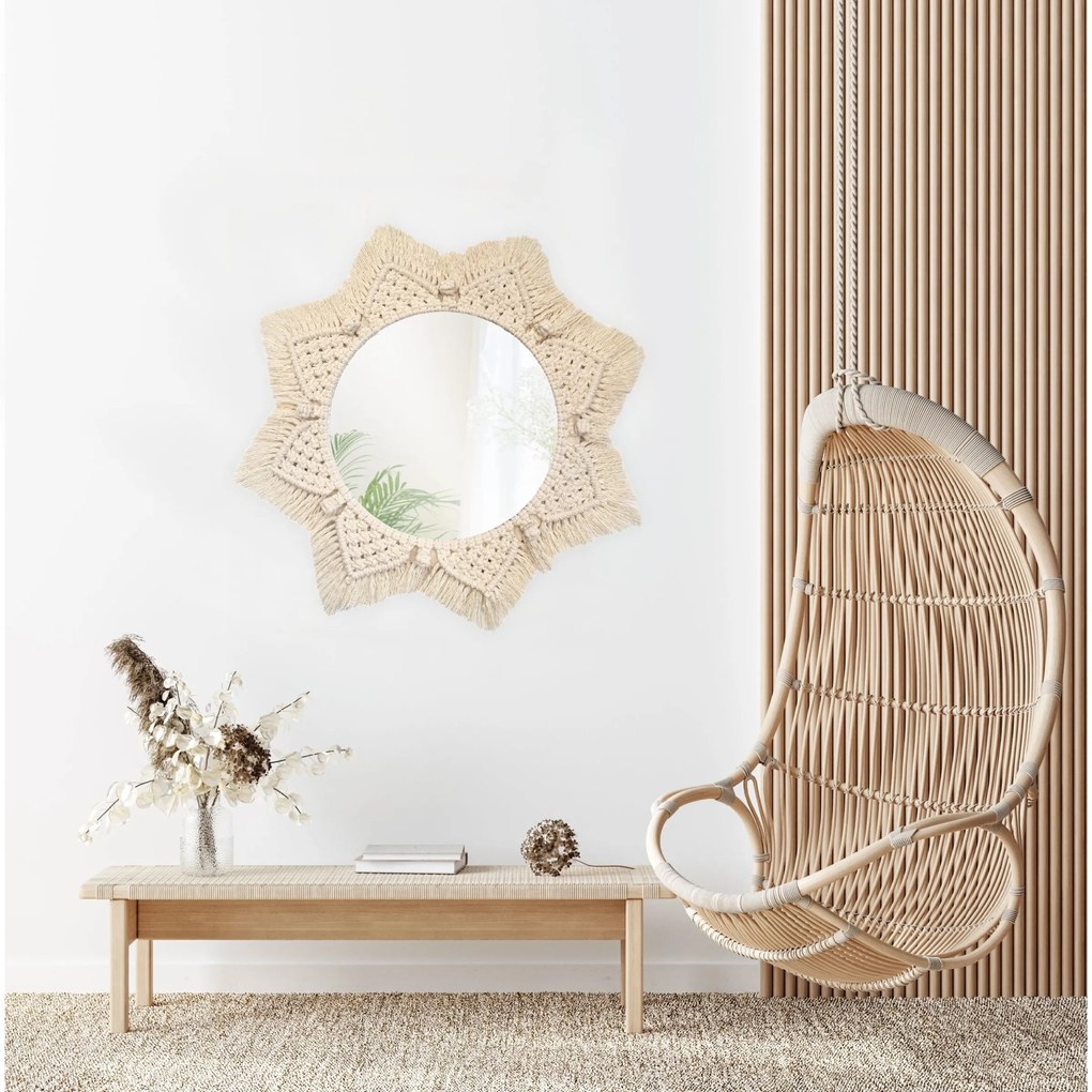 Okrúhle nástenné zrkadlo BOHO 55 cm béžové