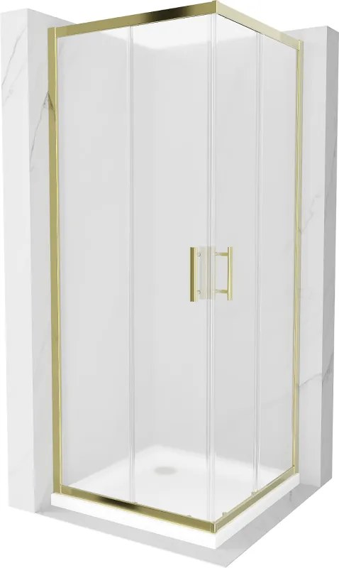 Mexen Rio, štvorcový sprchovací kút s posuvnými dverami 70(dvere) x 70(dvere) x 190 cm, 6mm sklo námraza, zlatý profil + biela sprchová vanička SLIM, 860-070-070-50-30-4010G