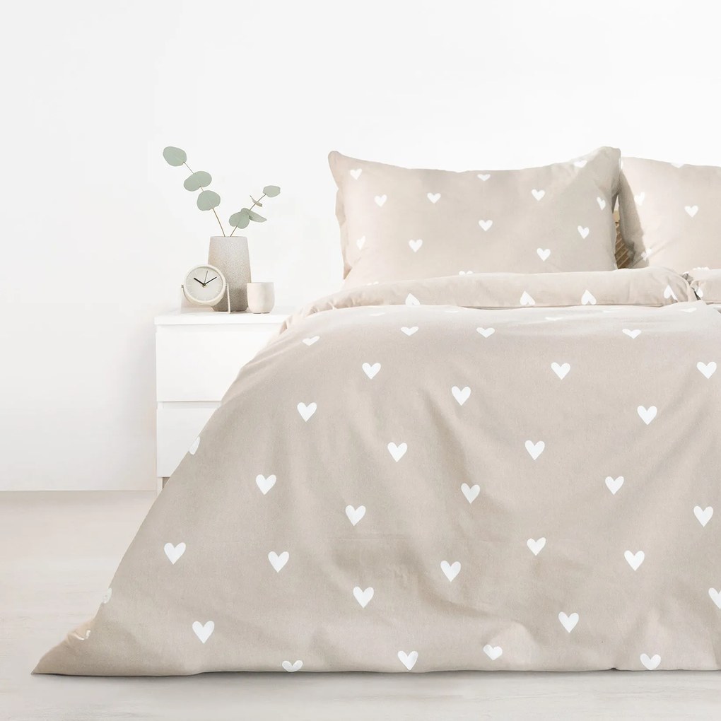 Goldea flanelové posteľné obliečky - srdiečka na latte 140 x 200 a 70 x 90 cm