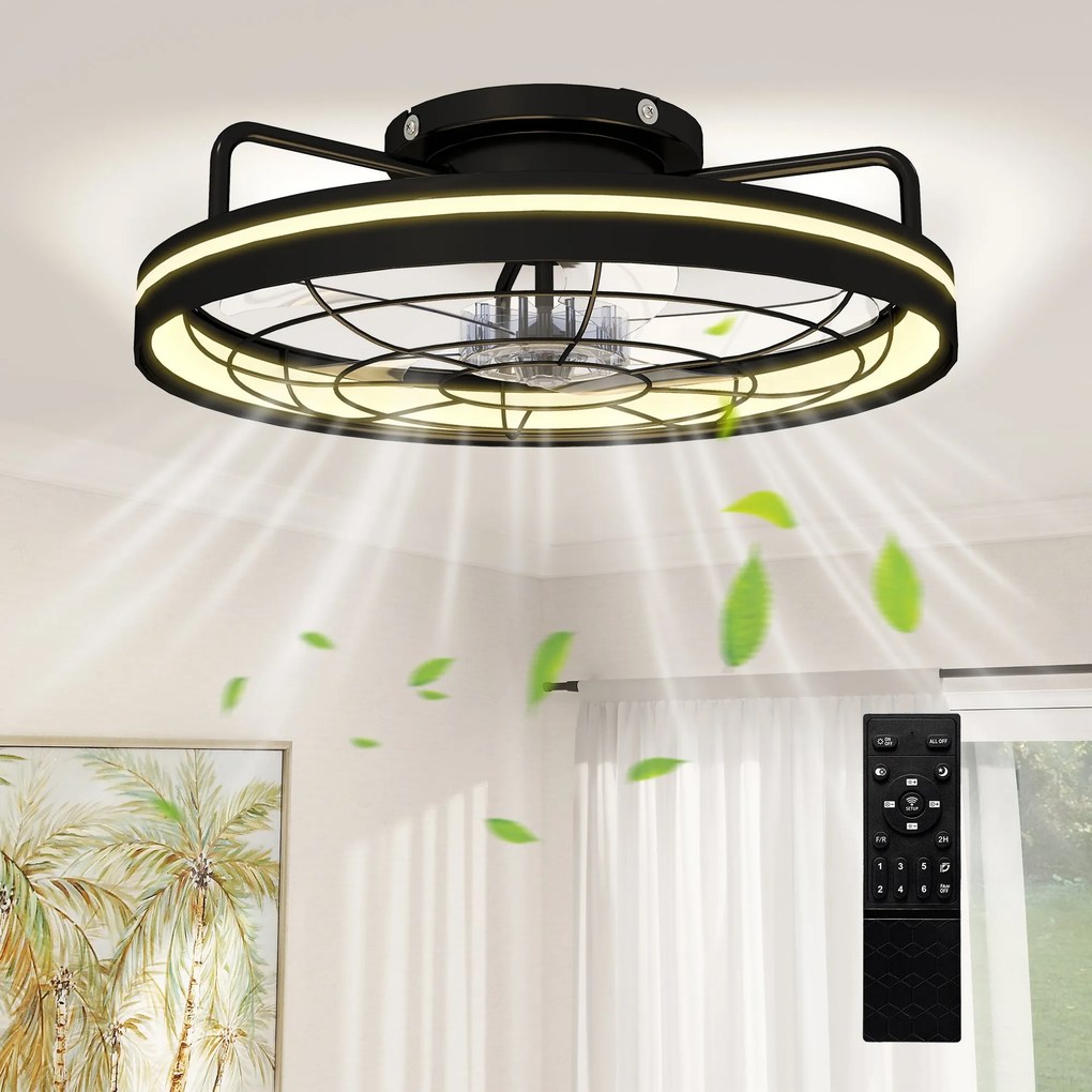 HOMCOM stropný ventilátor so svetlom, diaľkové ovládanie, Ø48 cm, 40 W LED, 3 teploty farieb, časovač, 6 rýchlostí, stmievateľný, tichý DC motor, čier