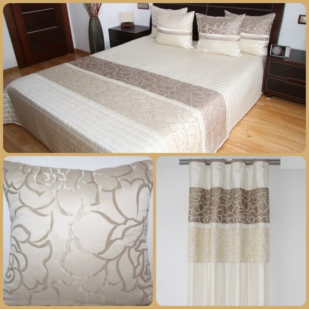 DomTextilu Svetlobéžový elegantný spálňový dekoračný set s ornamentami vo vzore kvetov  1 prehoz, 2 obliečky na vankúše a 1 záves Béžová 4602 Béžová