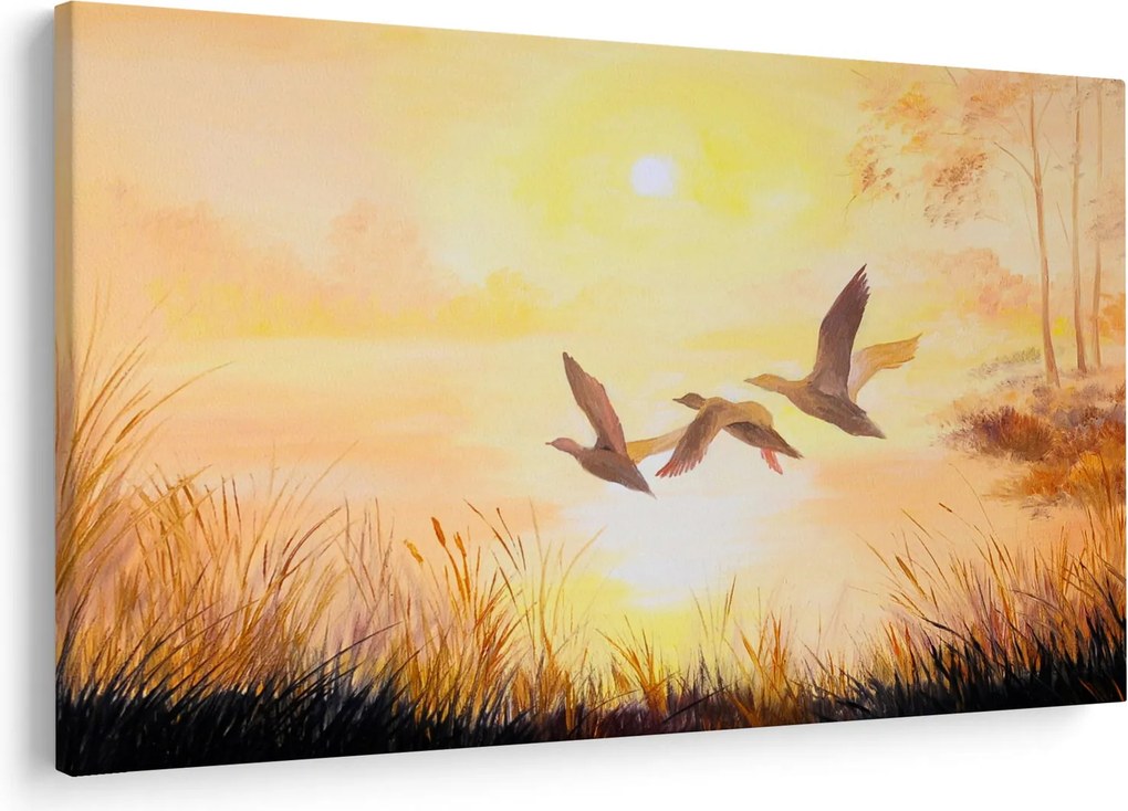 Obraz - Žeriavy pri západe slnka (90x60 cm)