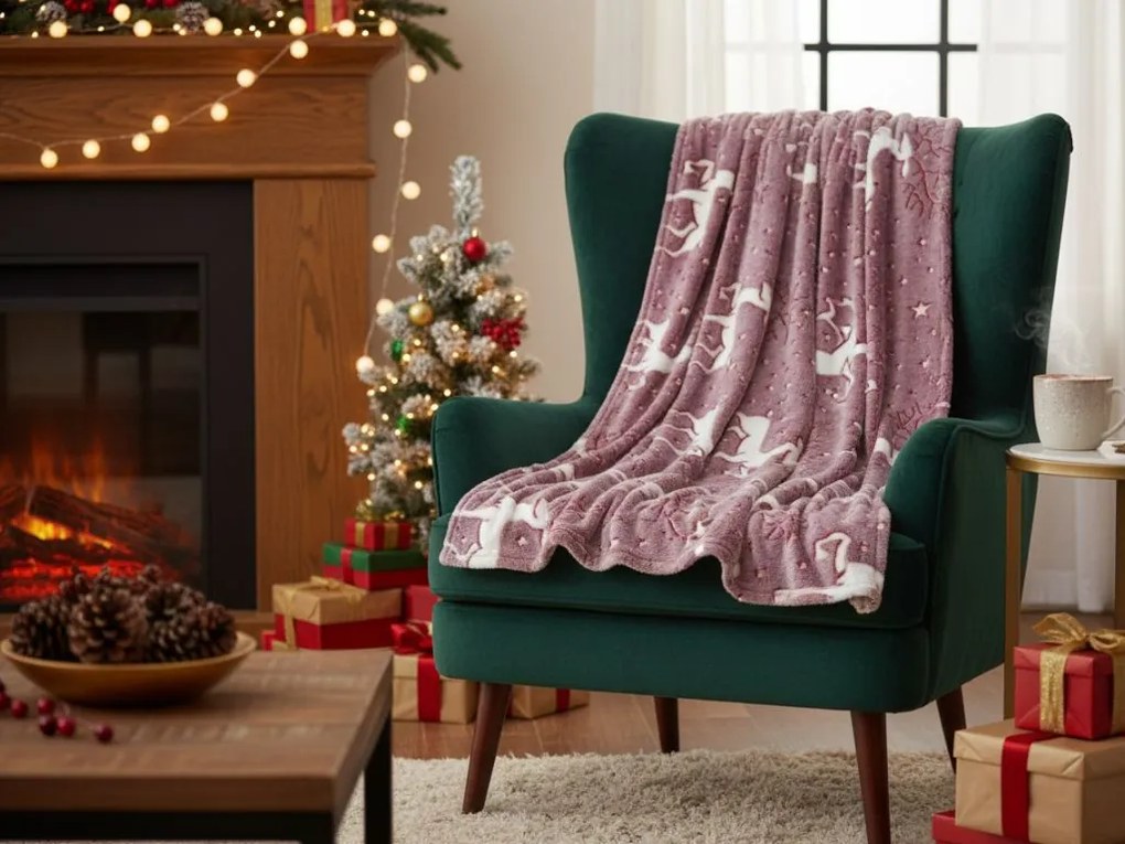 Svietiaca vianočná mikroplyšová deka STAR DEER, červená Rozmer: 150 x 200 cm