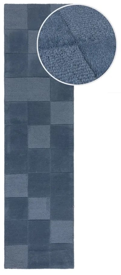 Tmavomodrý ručne tkaný vlnený behúň 60x230 cm Checkerboard – Flair Rugs