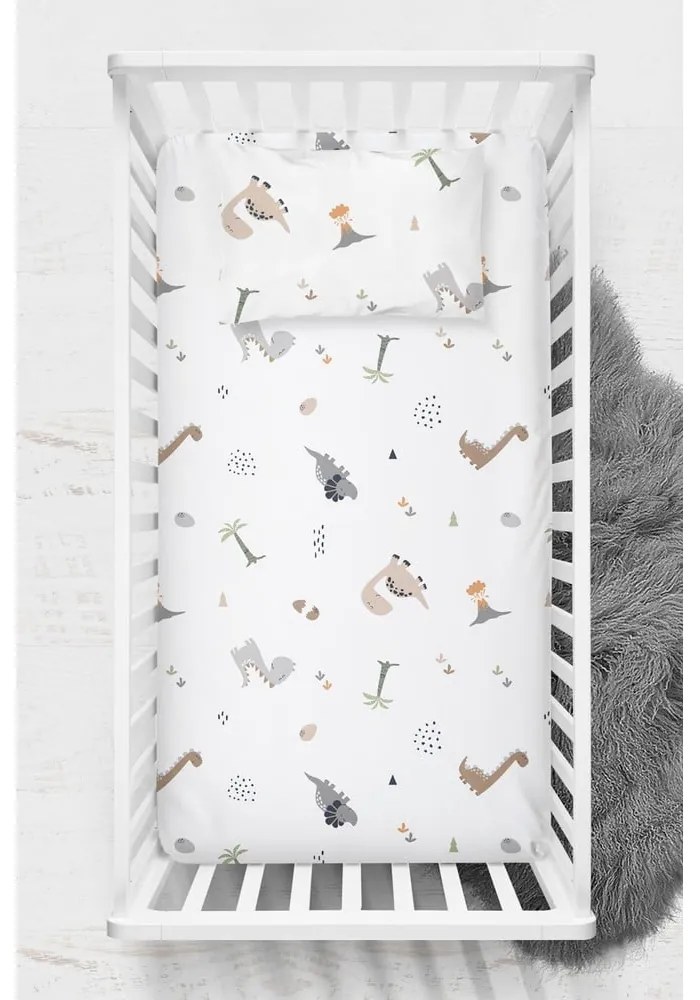 Biela detská plachta do postieľky z bavlny Renforcé 100x150 cm Dinozor – Mijolnir