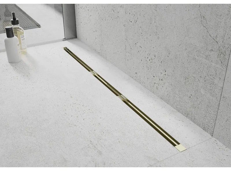 Mexen Flat Super Slim, super tenký odtokový žľab s 360° rotačným sifónom 80 cm, zlatá lesklá, 1551080