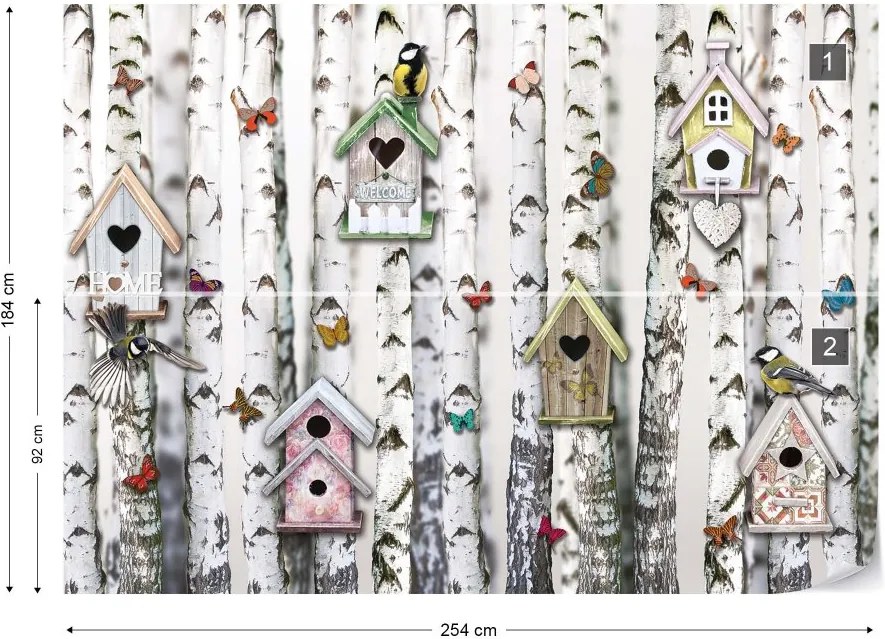 Fototapeta GLIX - Birch Trees And Birdhouses Vintage Chic + lepidlo ZADARMO Vliesová tapeta  - 254x184 cm
