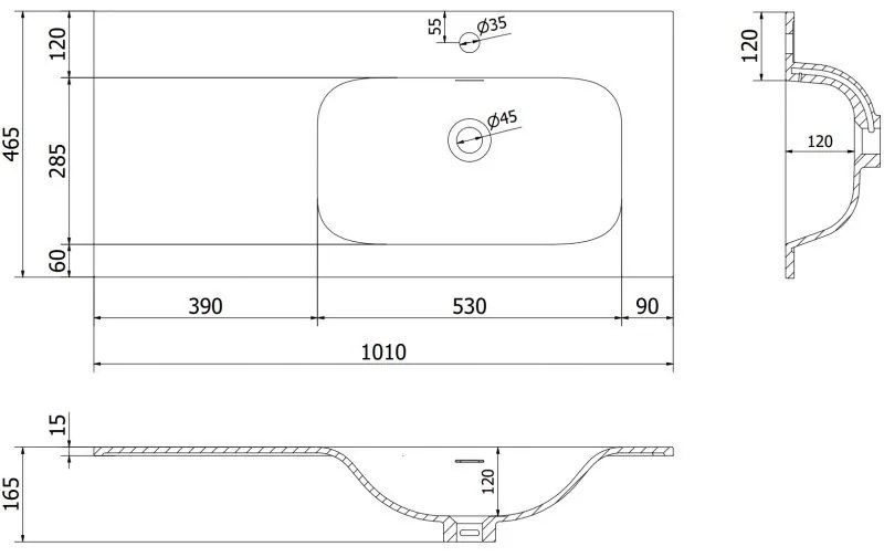 Mexen Vela, umývadlo na zapustenie 101 x 46,5 cm, pravé, biela lesklá, 25231000P