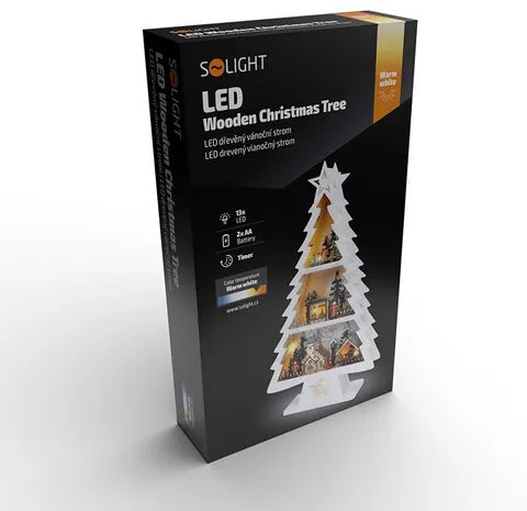 Solight LED drevený vianočný stromček s dekoráciami, 13x LED, 53 cm, 2x AA