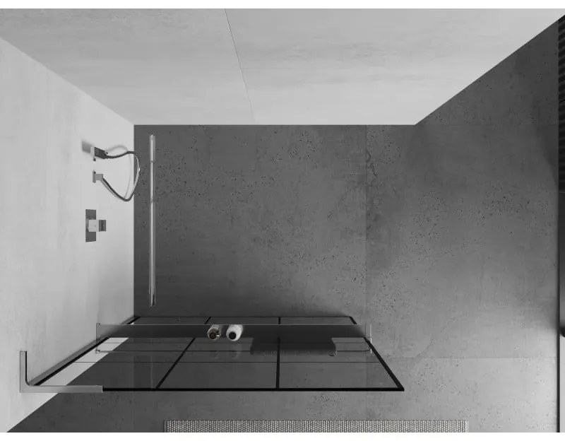Mexen Kioto+ L, sprchová zástena Walk-In s poličkou a vešiakom 120 x 200 cm, 8mm číre sklo čierny vzor, chrómový profil, 800-120-123-01-77