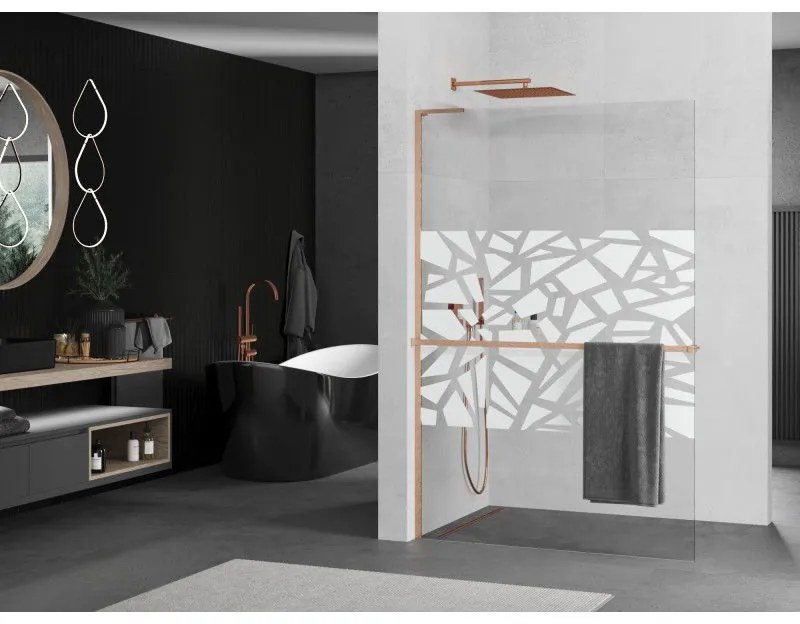 Mexen Kioto+ L, sprchová zástena Walk-In s poličkou a vešiakom 90 x 200 cm, 8mm číre sklo biely vzor, medený matný profil, 800-090-123-65-85