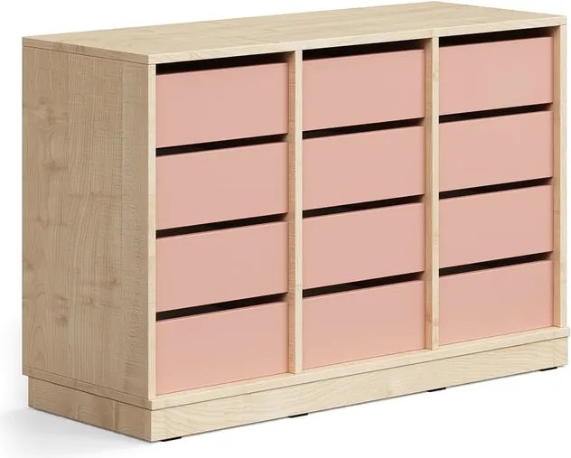 Úložná skrinka CASPER, 12 zásuviek, so soklom, breza/tmavoružová