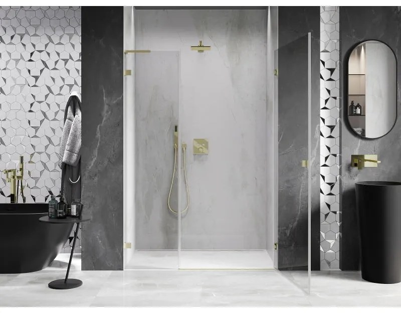 Mexen Lunar-B, L výklopné pravé sprchové dvere 140 cm, 8mm číre sklo, zlatý matný profil, 832SL-140-050-55-00-P