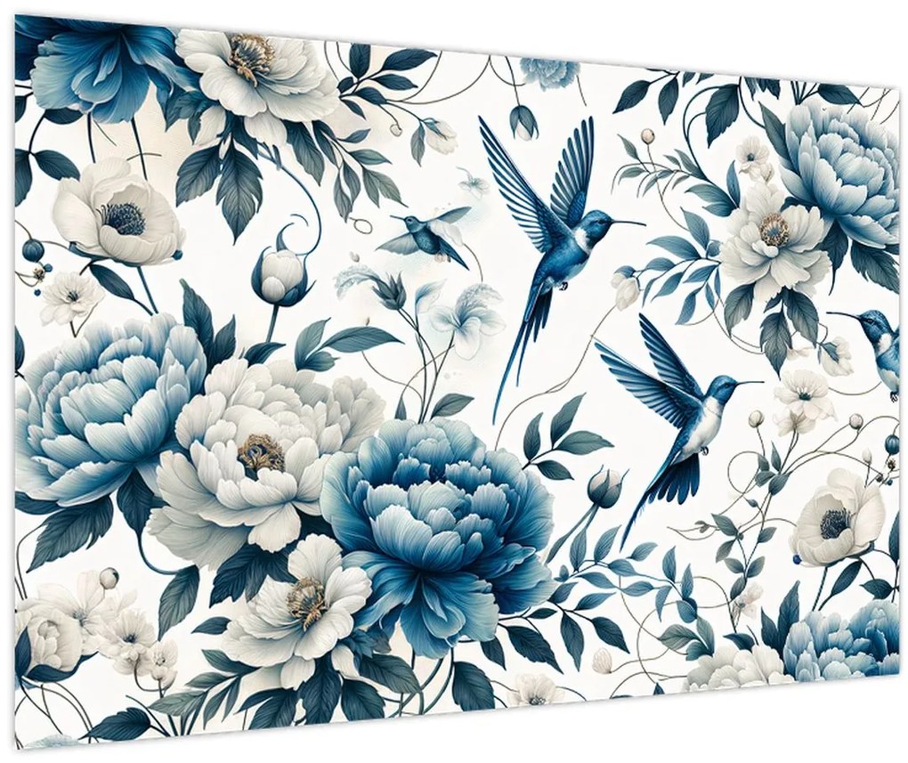 Obraz - Kolibríky s kvetmi (90x60 cm)