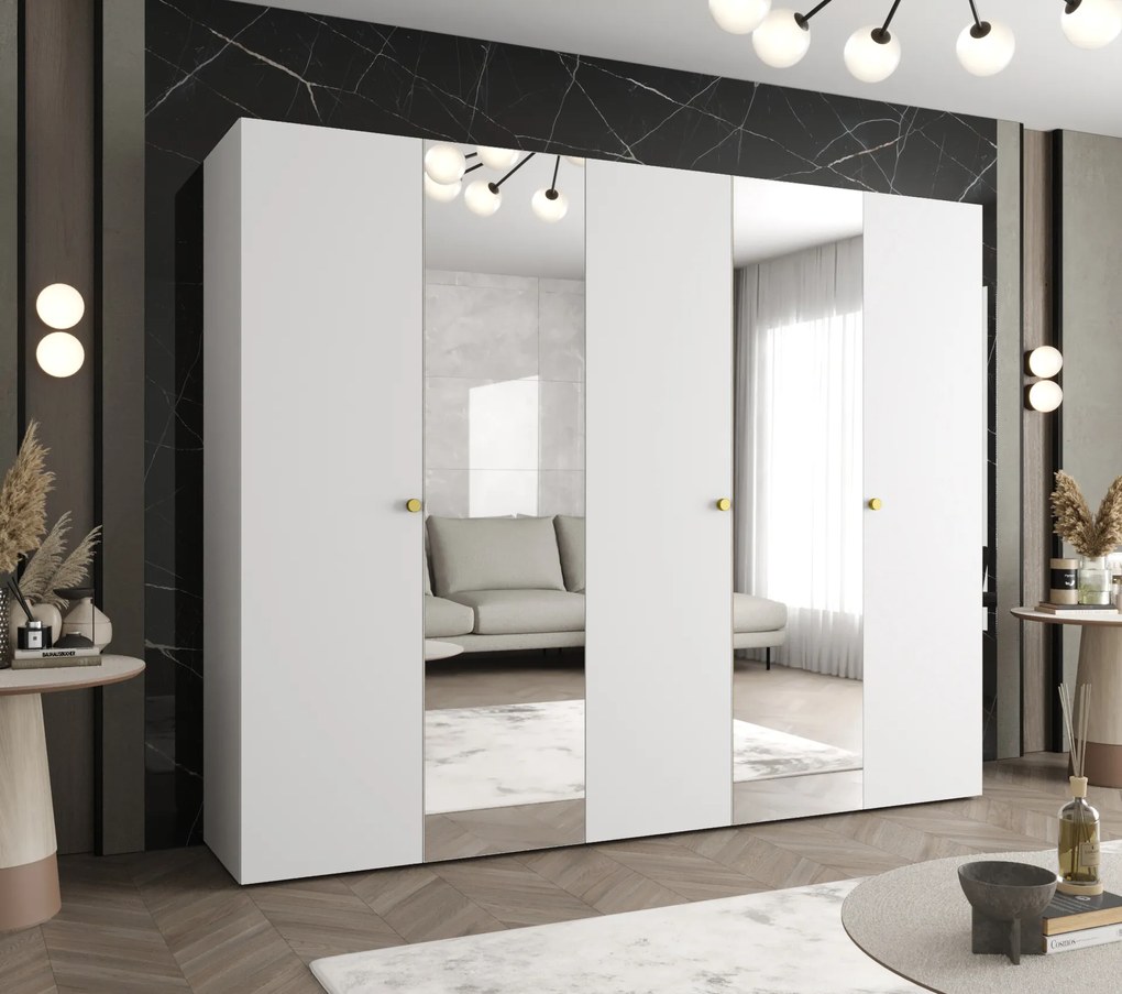 Šatníková skriňa 250 cm Parna 2 (biela + zlatá). Akcia -20%. Vlastná spoľahlivá doprava až k Vám domov. 1125947