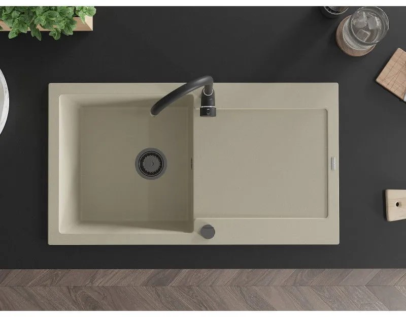 Mexen Leo, drez granitový 900x500x190 mm, 1-komorový, béžová s čiernym sifónom, 6501901010-69-B