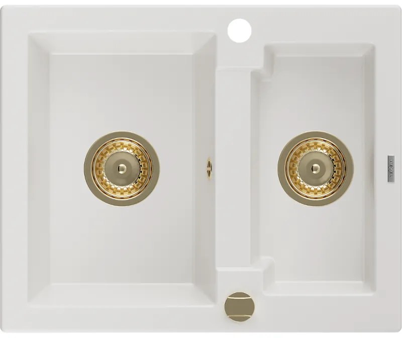 Mexen Carlos, granitový drez 582x475x177 mm, 1,5-komorový, biela so zlatým sifónom, 6518581500-20-G
