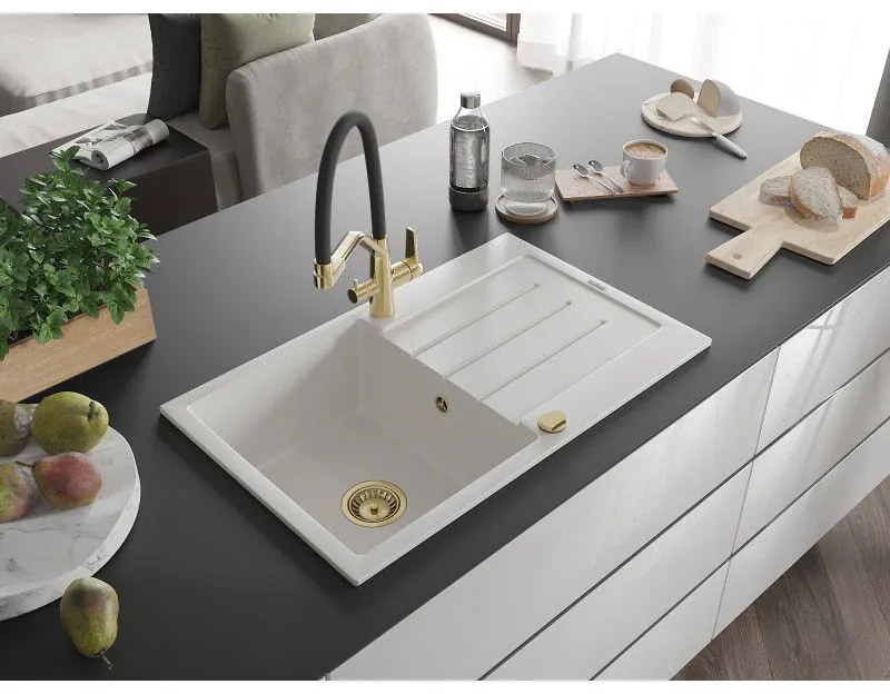 Mexen Bruno, 1-komorový granitový drez 795x495x200 mm a drezová batéria Duo, biela, 6513-20-671701-57-G