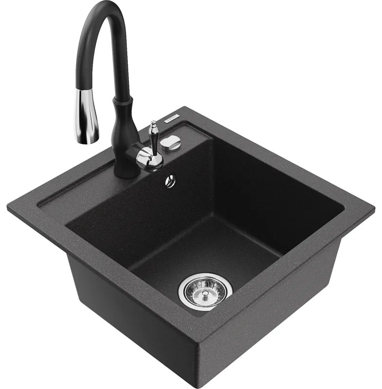 Mexen Vito, 1-komorový granitový drez 520x490x210 mm a drezová batéria Savita, čierna škvrtnitá, 6503-76-672601-70