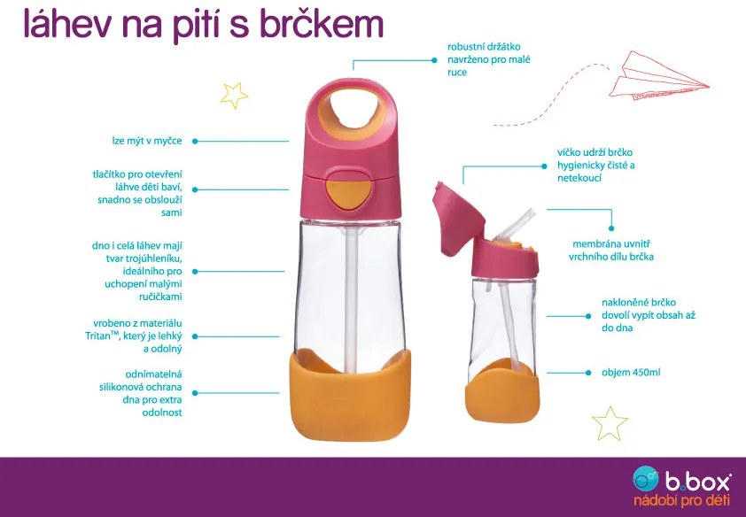 Fľaša na pitie so slamkou 600 ml - ružová/oranžová