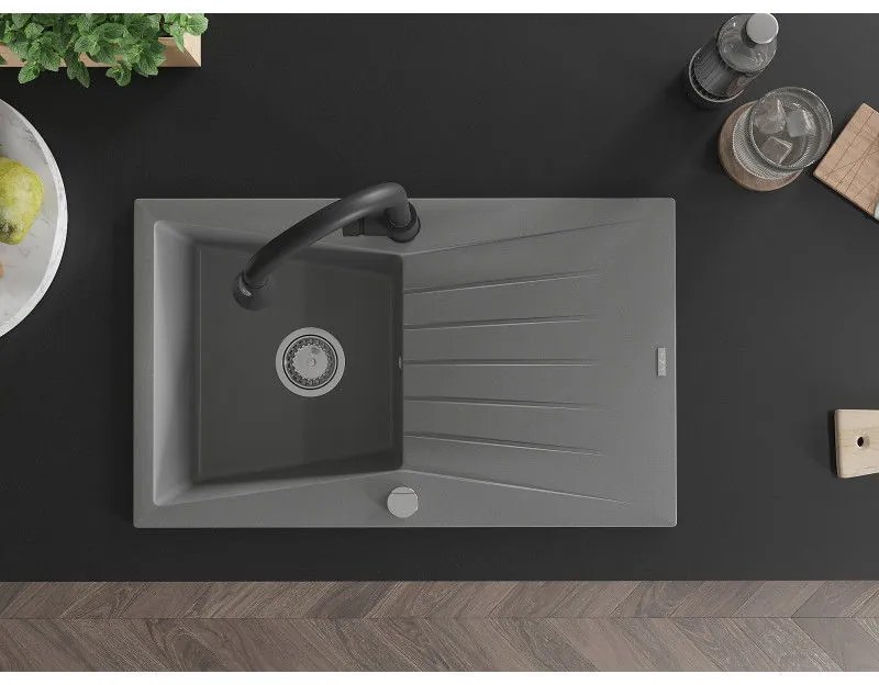 Mexen Cesar, 1-komorový granitový drez 775x470x190 mm a drezová batéria Elia, šedá, 6514-71-670101-70