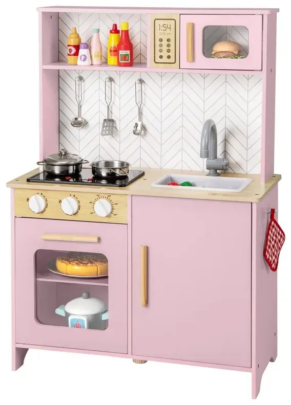 Drevená detská kuchynka s mikrovlnnou rúrou, sporákom, drezom a rúrou, detská kuchynka na hranie, ružová