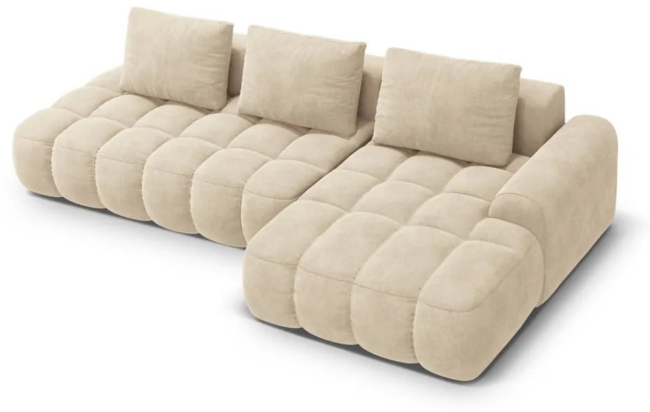 Béžová zamatová rozkladacia/s úložným priestorom rohová pohovka (pravý roh/s leňoškou) Linz – Cosmopolitan Design